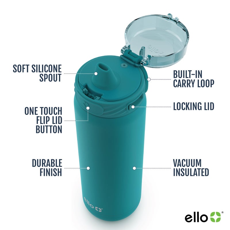 Ello Cooper 22oz Stainless Steel Water Bottle with Straw and Carry Handle, Double Walled and Vacuum Insulated Metal, Leak Proof Locking Lid with Soft Silicone Spout, Reusable, BPA Free, Antigua - Image 3